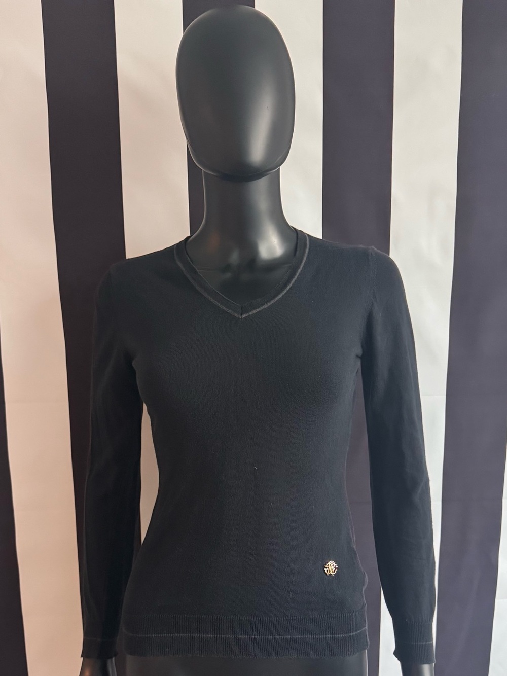 Roberto Cavalli Black V-Neck Sweater with Gold Logo Tag